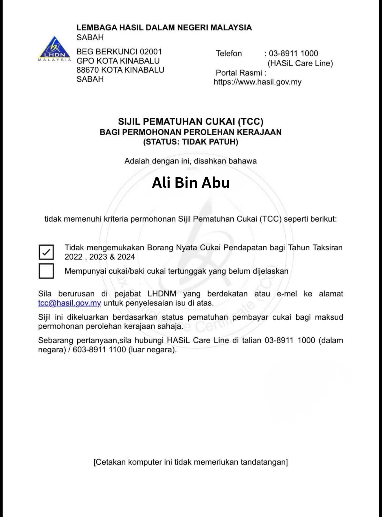 Contoh sebenar TCC berstatus Tidak Patuh
