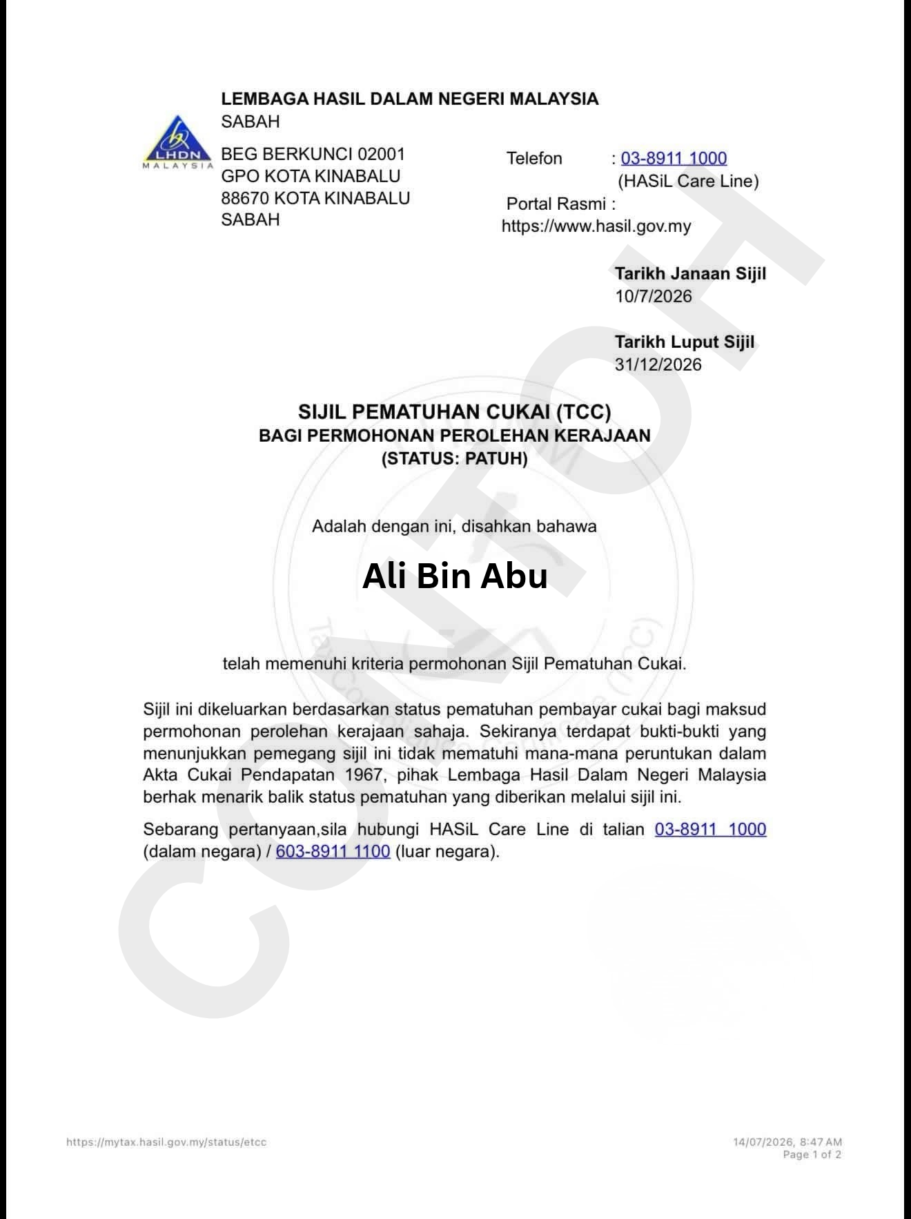 Contoh sebenar TCC berstatus Patuh